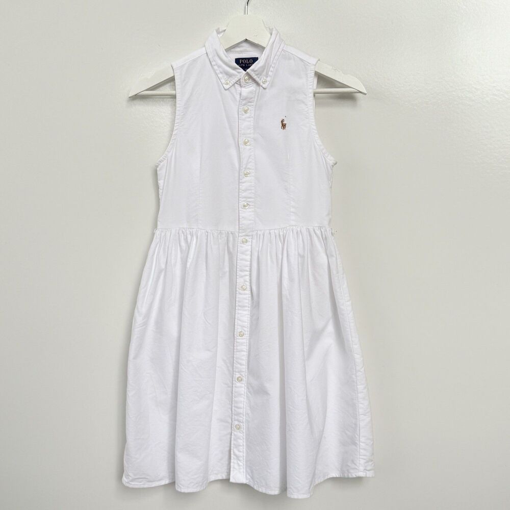 Polo Ralph Lauren Girls White Oxford Sleeveless Belted Shirtdress Size 12 Pony